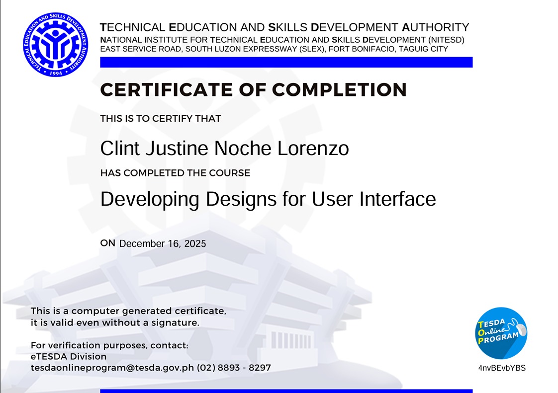 Developing Designs for User Interface NC3 certificate from TESDA